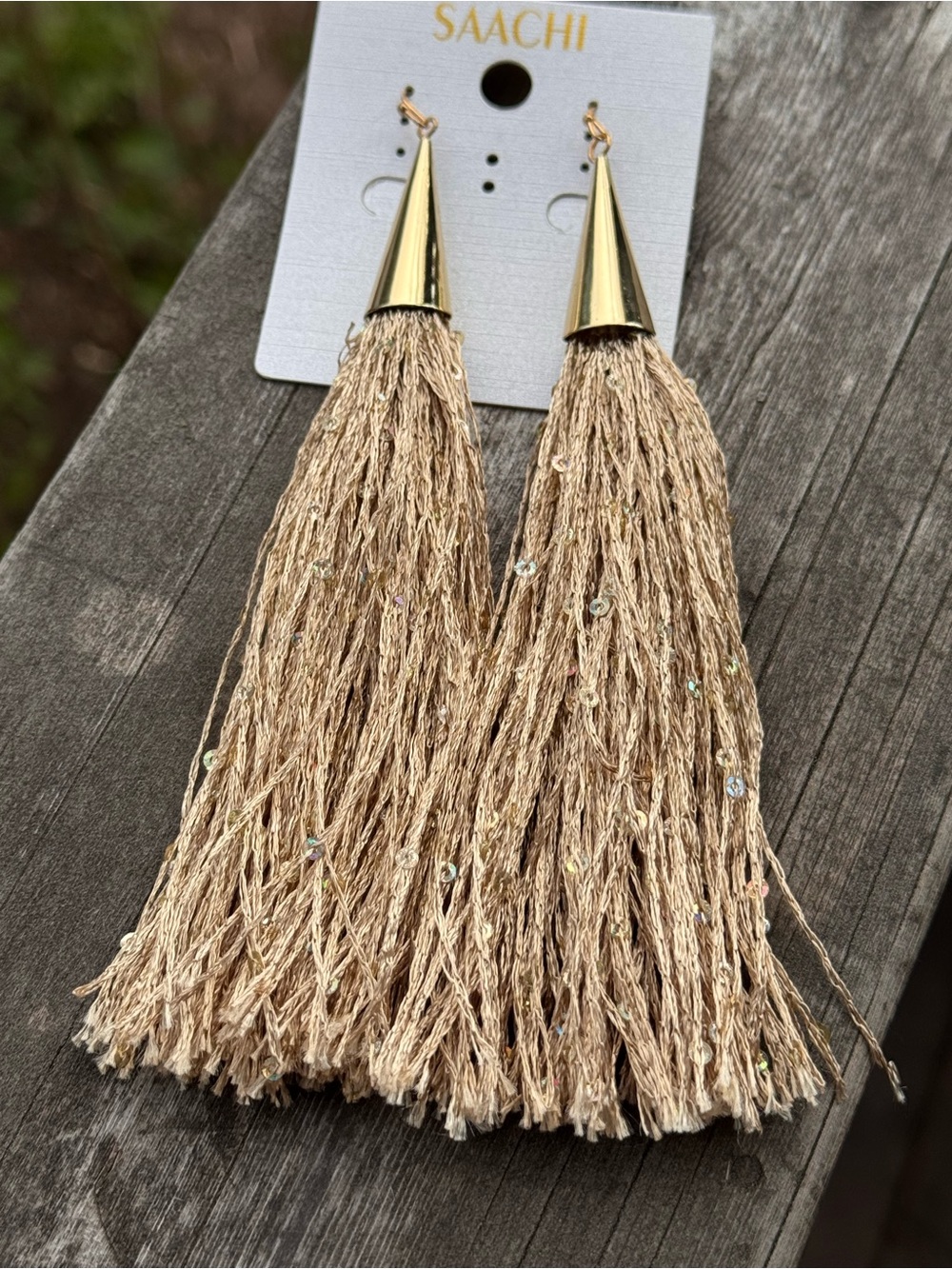 SAACHI Gold and Beige Tassel Drop Earrings